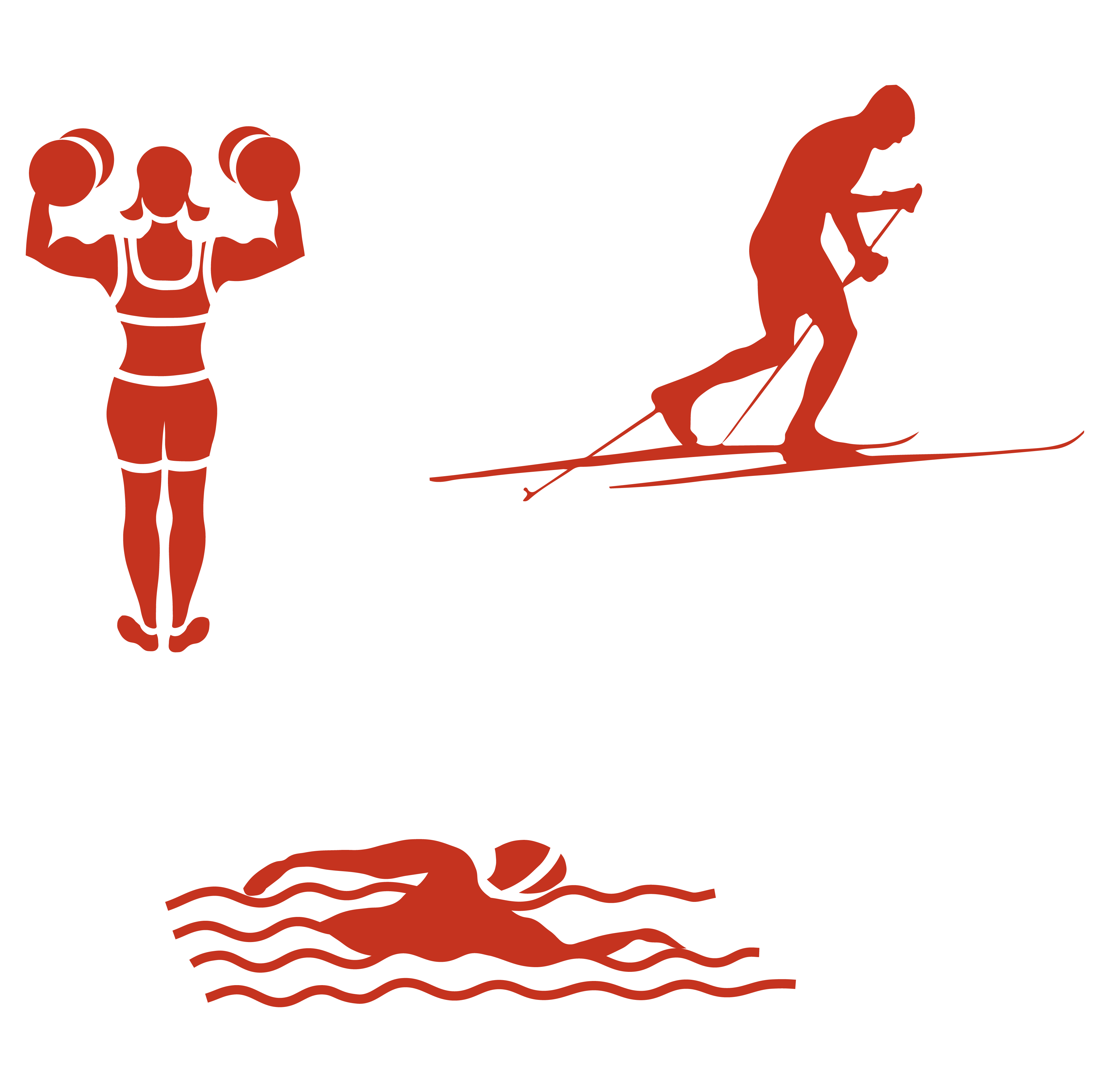 Grafik verschiedene Sportarten: Krafttraining, Schwimmen, Langlaufen